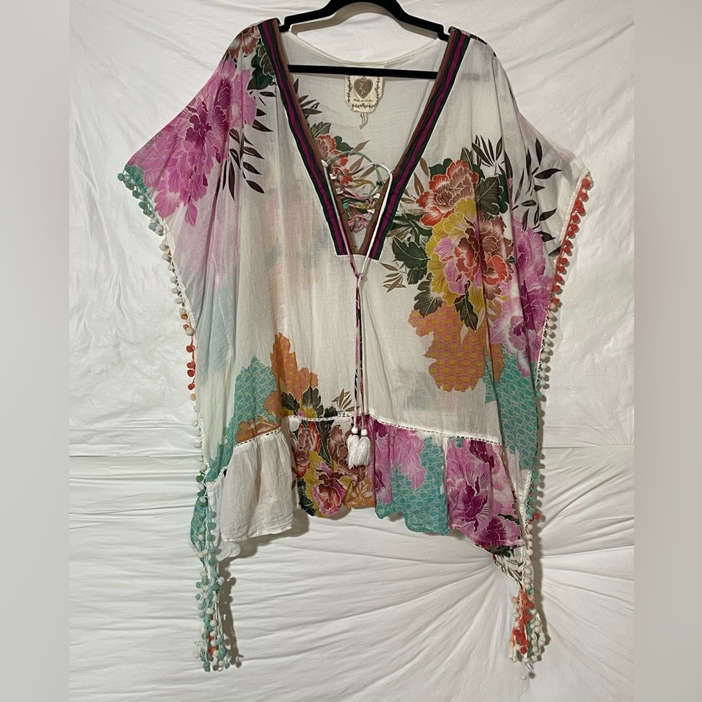 Z&L Floral Lace-Up Pom Pom Swim Caftan Coverup - White with Pink & Mint - Picture 6 of 14